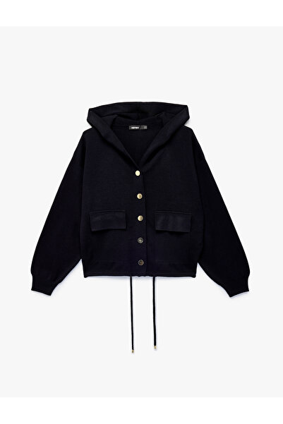 Koton Long Sleeve Tie-Detail Pocketed Buttoned Hooded Knit Cardigan