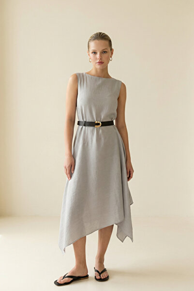 Setre Baby Blue Belt Detailed Sleeveless Asymmetrical Cut Dress