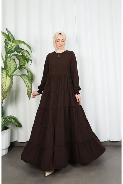 HNT Hayrunnisa Tesettür Long Ferace with Zipper on the Front and Layered Flou...