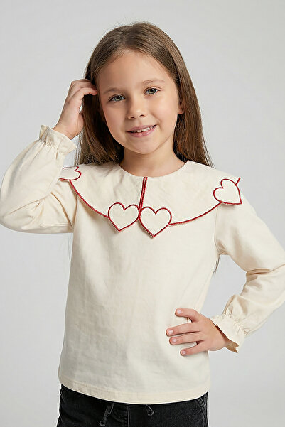 Dmb Bluză cu guler brodat cu inimioare pentru fete