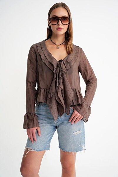 Hiccup Mixray ruffled V-neck blouse with Striped and drawstring