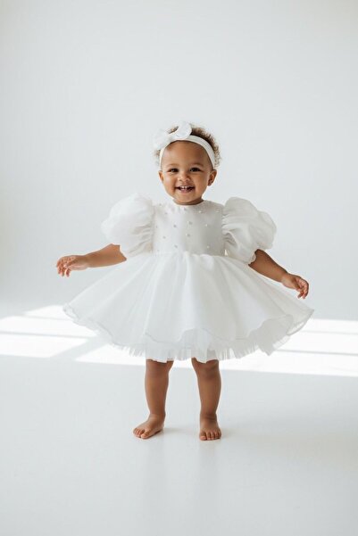 Hobidik Baby Rochie din organza cu mâneci balon și perle albe