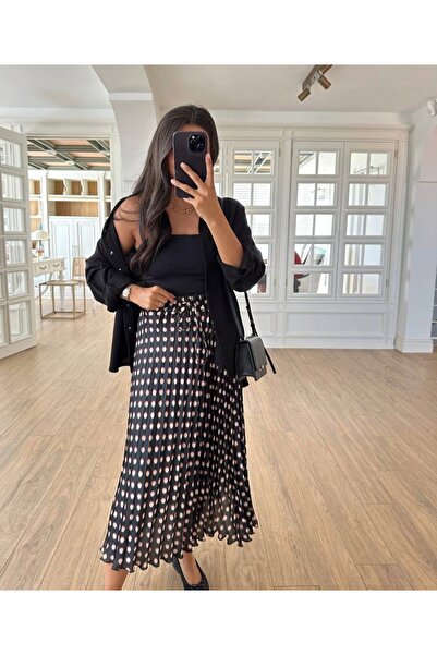 St boutique Pileli Puantiye Desen Midi Boy Etek