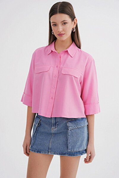 Hiccup Mixray short-sleeved poplin crop shirt