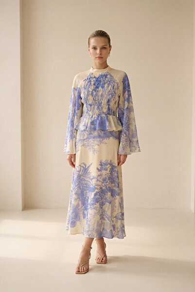 Setre Krem-Mavi Uzun Kollu Bel Ve Yaka Detaylı Belden Oturtmalı Desenli Midi ...