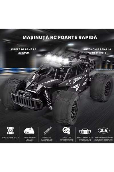 DrKala Mașină RC Off-Road 1:16 cu LED, 20 km/h, Roți Mari All Terrain, Telecomandă Pistol