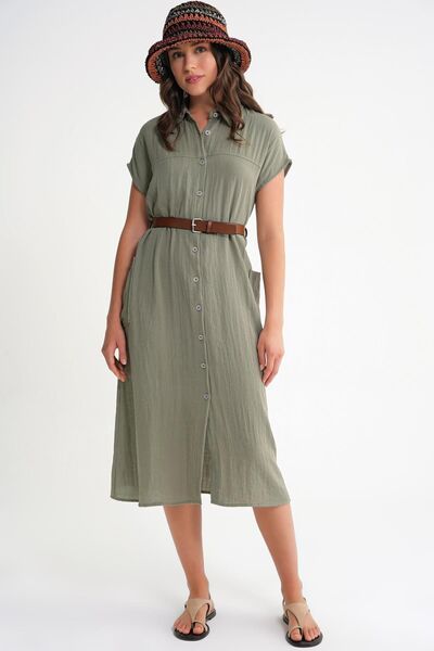 Hiccup Mixray midi dress with button collar and Belt detail