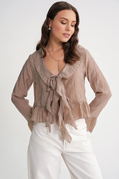 Hiccup Mixray blouse with V-neck, ruffles, drapes and drawstring