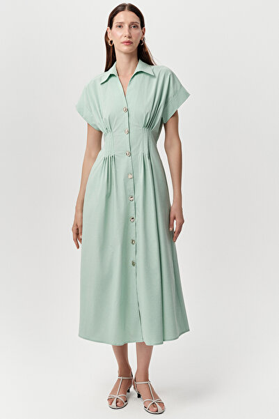 Exquise Shirt Collar Regular Midi Dress with Elasticated Waist and Pockets