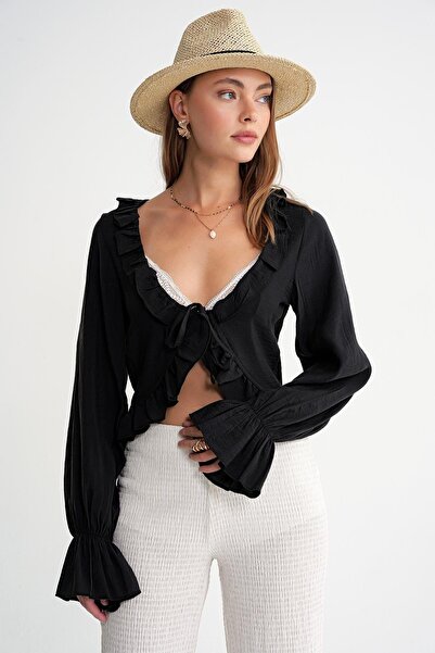 Hiccup Mixray ruffled long sleeve V-neck crop top