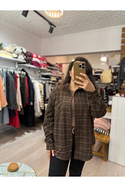 ALVWOMAN Taşlı Kahverengi Ekose Kadın Gömlek
