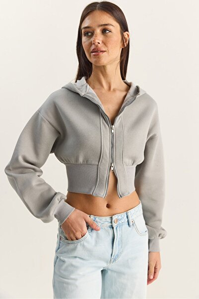 Hiccup LUCCI Hooded Slim Fit Ribbed Knit Crop Sweatshirt