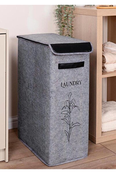 HomeTarz Keçe Deri Detaylı Çamaşır Sepeti Tekli 25x40x60 CM