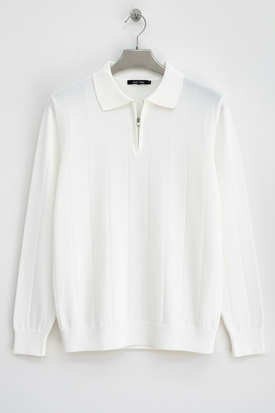 Edwox Men's Half Zipper Polo Collar Regular Fit Sweater White Cd101