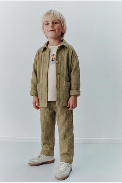 Magu Boy's Cotton Khaki Muslin Jacket, T-Shirt and Pants Set