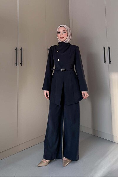 Rimel Moda Madam Gold Buttoned Suit Navy Blue