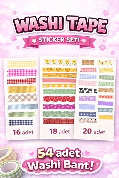 LABELOVE 54 Adet Washi Tape Sticker Seti – Renkli Desenli Bant Etiket Koleksi...
