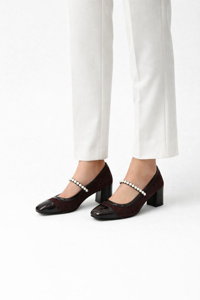 Ömer Ediz Shoes LACE Pantofi de damă cu dantelă, cu bandă de perle și toc gros