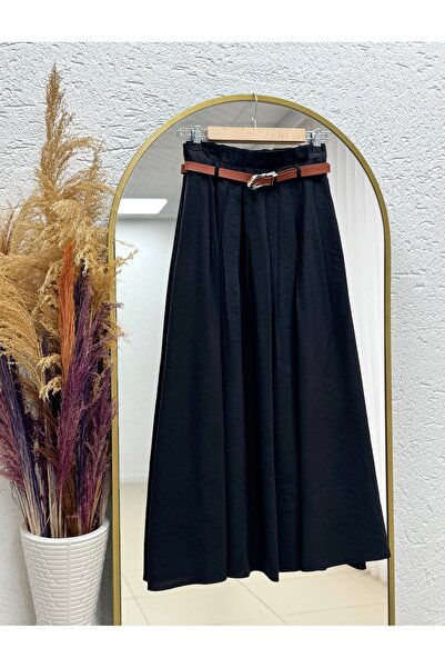 MİHRA STORE Luna Pleated Belted Modal Skirt-Bn4610 Black