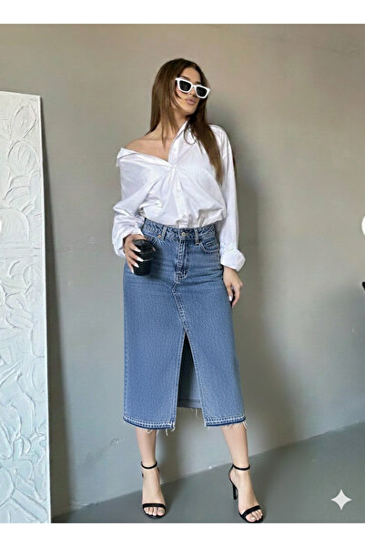MEGOMEL Slit Detailed Denim Skirt