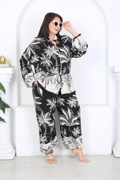 Truva XXL Black and White Patterned Zippered Bell-Bottom Jacket and Elastic C...