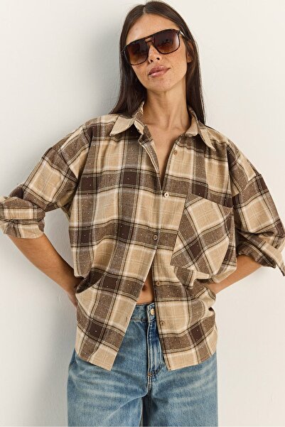 Hiccup LUCCI Cămașă în carouri supradimensionată cu mânecă lungă și buzunar