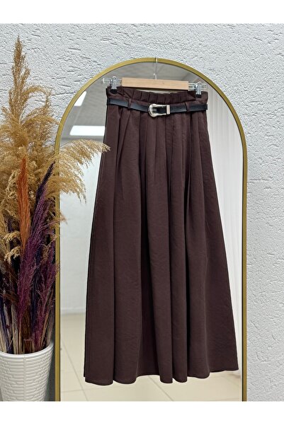MİHRA STORE Luna Pleated Belted Modal Skirt-Bn4610 Aci Brown