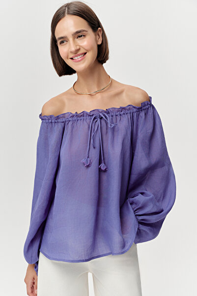 Exquise بلوزة عادية من قماش الكتان الرامي بأكمام طويلة وياقة مربوطة