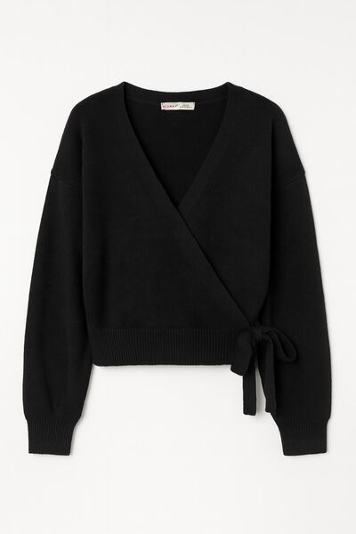 Hiccup Mixray ribbed knit cardigan with V-neck and drawstring at the front