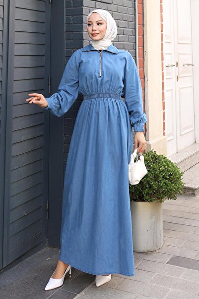 Modamihram Zippered Elastic Waist Denim Dress Light Denim Msv19240