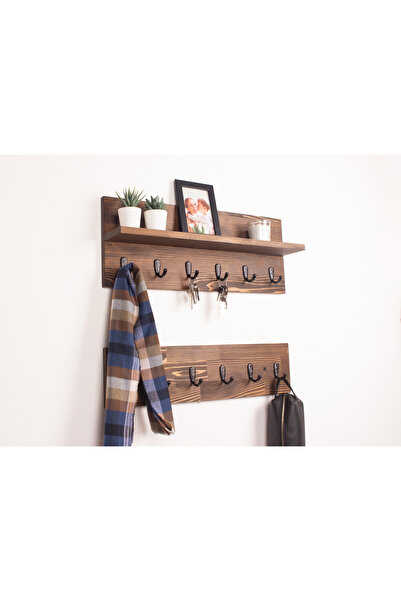 WOODHAUS Masif Ahşap Duvar Askılığı Raflı 60 cm – 12 Kancalı Anahtarlık & Por...