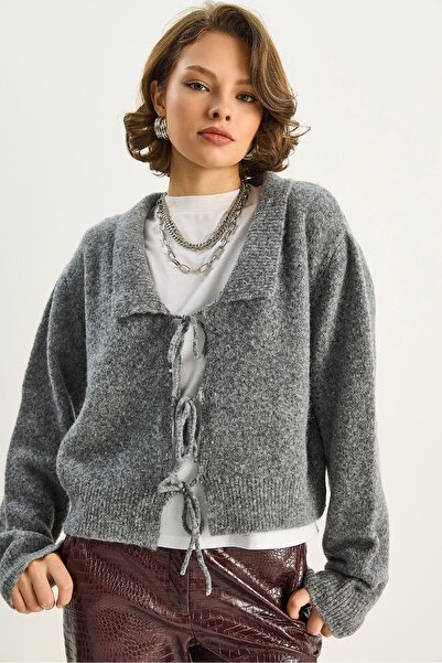 Hiccup LUCCI ribbed Printed cardigan with Oversized V-neck and knot closure