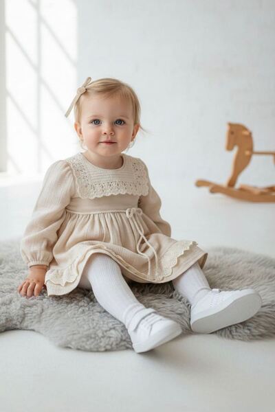 Minigimin Cicileri My Little One (9-24 Months) Lace Collar Belted Baby Girl D...