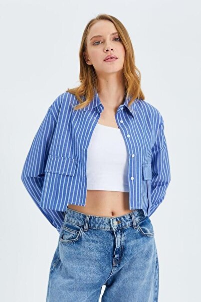 Hiccup Cămașă crop Mixray din poplin în dungi cu buzunar