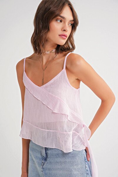 Hiccup Mixray Textured Ruffle Ruffled Top with V-Neck