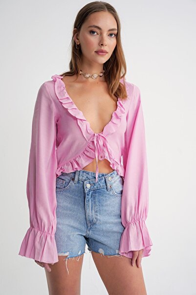 Hiccup Mixray ruffled long sleeve V-neck crop top