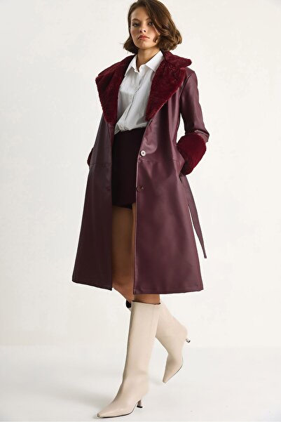 Hiccup LUCCI Faux Fur Detailed Long Faux Leather Trench Coat