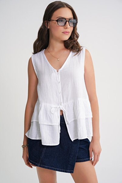 Hiccup Mixray cotton blouse with V-neck and buttons