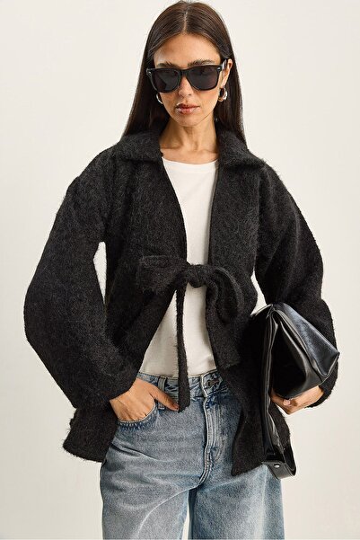 Hiccup LUCCI Textured Oversized V-Neck Tie Closure Cardigan