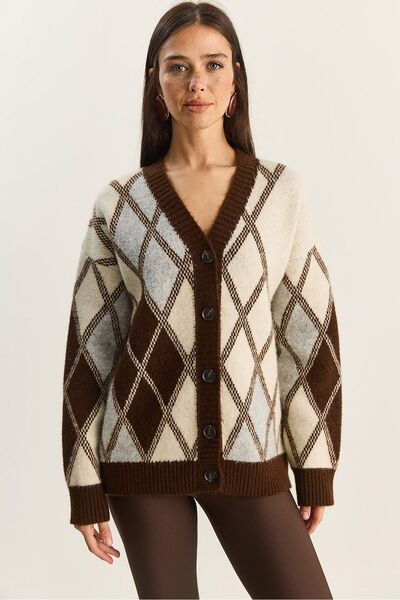 Hiccup LUCCI cardigan in thick jacquard knit with V-neck and button closure