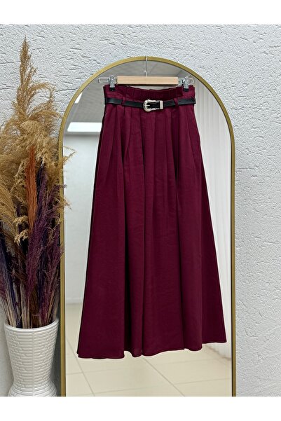 MİHRA STORE Luna Pleated Belted Modal Skirt-Bn4610 Claret Red