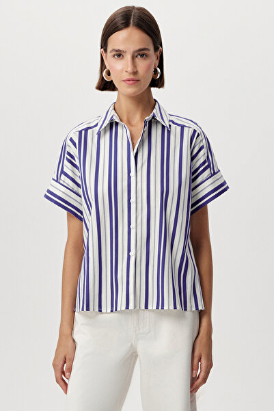 Exquise Shirt Collar Short Sleeve Striped Regular Shirt