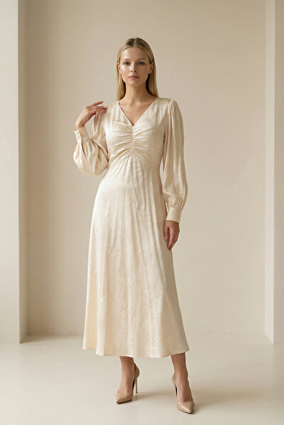Setre Vanilla V-Neck Gathered Detailed Midi Length Patterned Dress