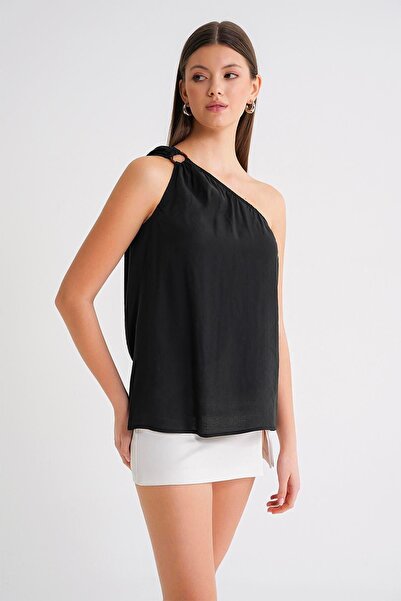 Hiccup Mixray Top with Asymmetric Collar and Accessory Detail