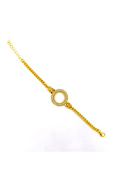 Parılda Premium Altın Kaplama Kristal Yuvarlak Çerçeveli - Çeyrekli Bileklik