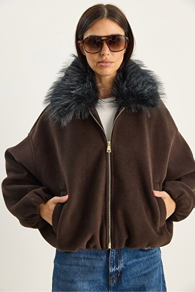 Hiccup LUCCI oversized zip-up jacket with fur collar