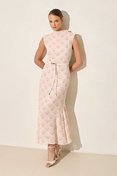 Setre Pink/Cream Patterned, Belt Detailed Sleeveless Turtleneck Long Dress