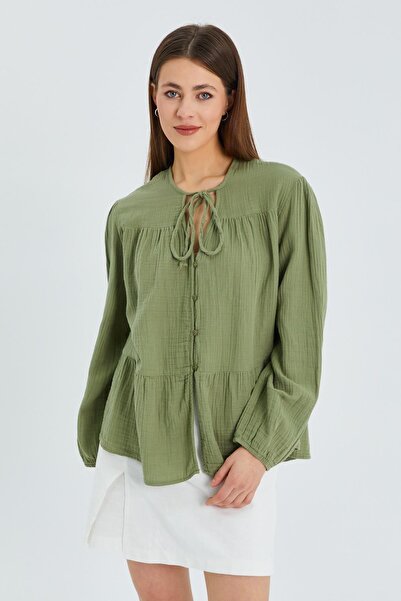 Hiccup Mixray blouse with long sleeves, loose fit and drawstring collar