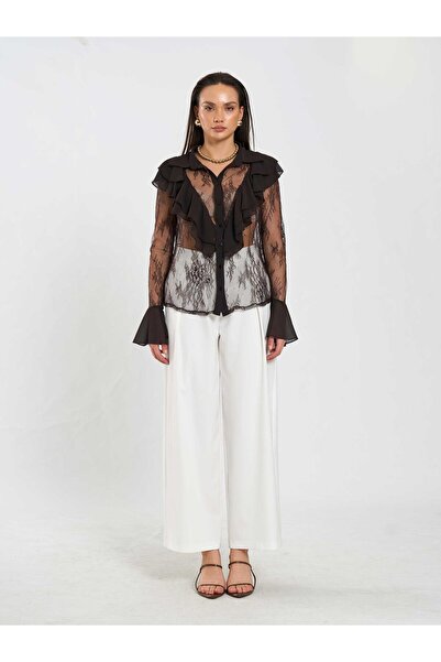 Coral Ruffle Detailed Lace Blouse 080791 Brown