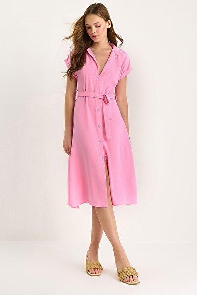 Hiccup V-neck button midi dress with border details